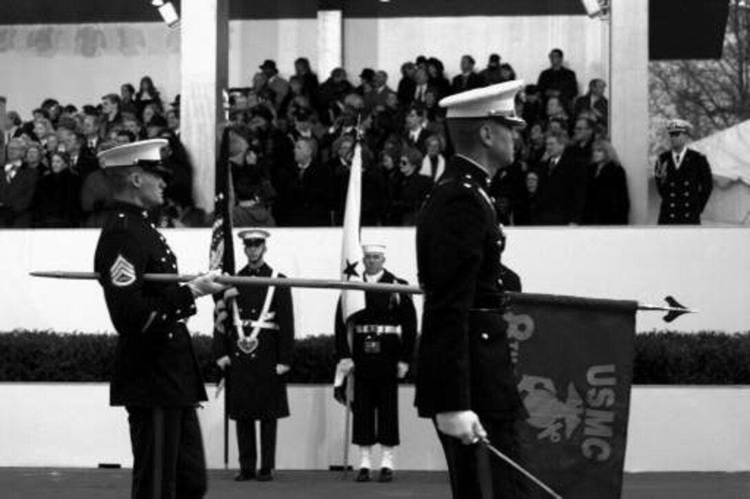 Marines from Company C, 8th Tank Battalion, 4th 
Marine Division, march past the presidential reviewing stand 
during the 1997 Presidential Inaugural Parade Jan. 20 in 
Washington. The unit is part of the Fleet Marine Force and 
stationed in Tallahassee, Fla. Sgt. Ramona Joyce, USA