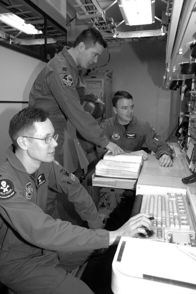Captains Jody Duvall and Patrick Goodrich, 90th Operations Support Squadron, and 1st Lt. Lylre Hedgecock, 90th Operations Group, run system checks as a three-person missile crew Feb. 2 here.  The three-person crew for the 72-hour alerts have been tested here since Oct. 1, 2006.