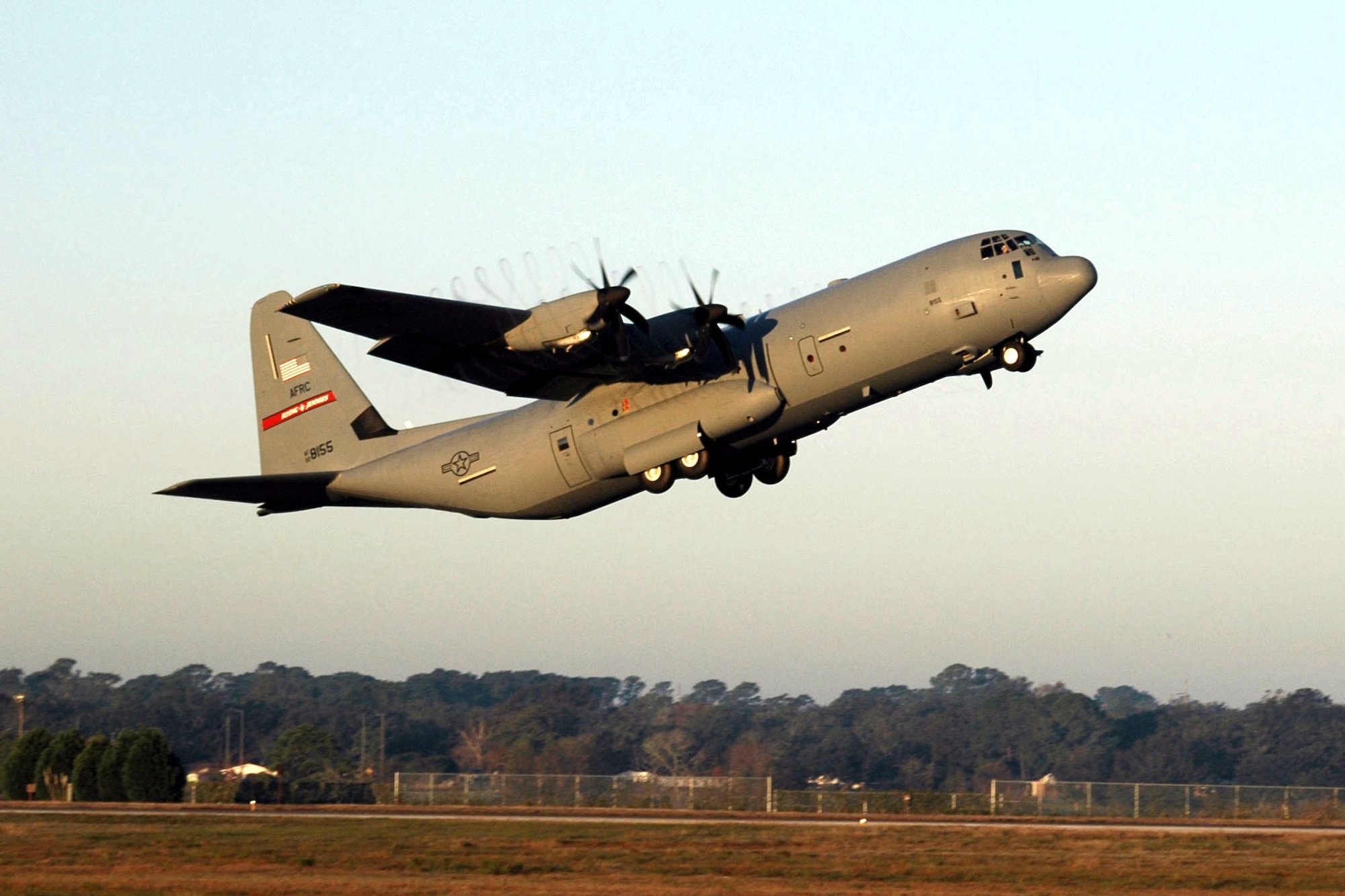 A WC-130J Hercules, also known as a Hurricane Hunter, takes off with an aircrew from the 815th Airlift Squadron and support members from the 403rd Wing at Keesler Air Force Base, Miss. Airmen and two Hurricane Hunters from Keesler AFB are on a month-long mission to support the winter storm reconnaissance program in Anchorage, Alaska. (U.S. Air Force photo)