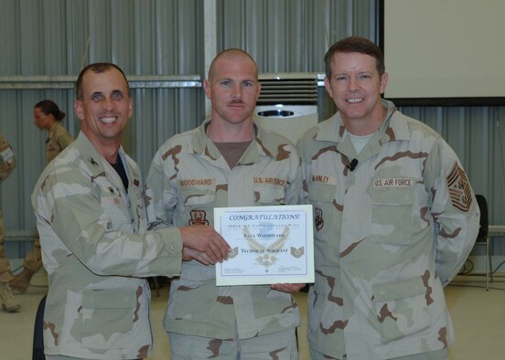 Staff Sgt. Paul Woodward was promoted to Technical Sergeant at a deployed location Feb.1. Chief Master Sgt. of the Air Force Rodney McKinley and Col. Gregory Kern, 380th Air Expeditionary Wing commander tacked on his stripes.Tech. Sgt. Woodward is assigned to the 22nd Maintenance Squadron from McConnell Air Force Base, Kan., but is currently serving with the 380th AEW. (Courtesy photo illustration)