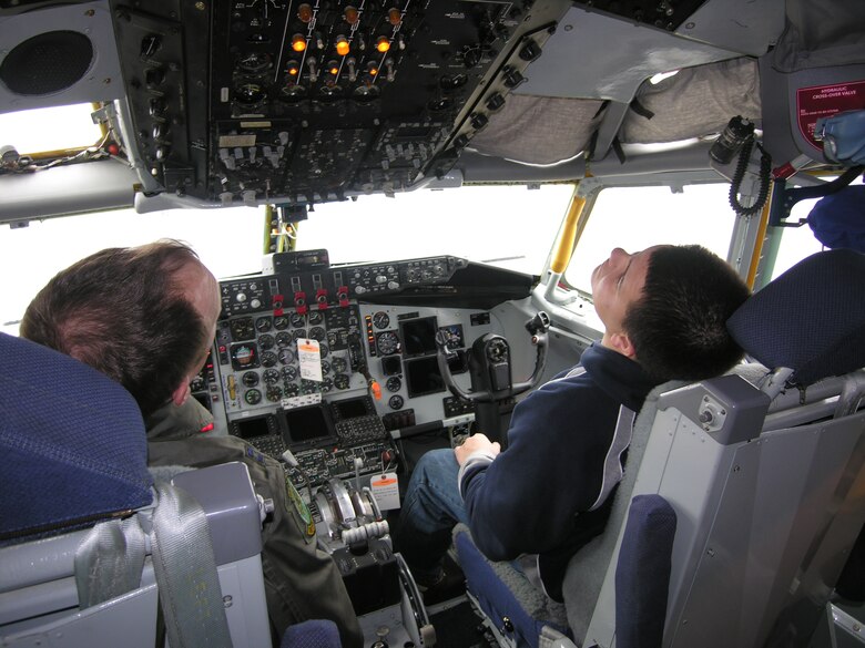 Brandon Hill, a high school student from Charles B. Aycock High School, participated in the 10th Annual National Groundhog Day Job Shadowing program with reservists from the 916th Air Refueling Wing at Seymour Johnson Air Force Base in early February. Capt. Ashley Cowan, pilot, showed Brandon the cockpit of a KC-135 Stratotanker. In addition, Brandon spent time learning about the responsibilities of a boom operator and a life support technician. (U.S. Air Force photo/Donna Lea)          