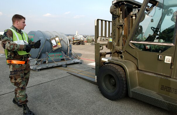 YOKOTA AIR BASE, Japan --  Airman 1st Class Charles Sarrazin, 374th Logistics Readiness Squadron, guides forklift driver Staff Sgt. Bryan Wickline, 730th Air Mobility Squadron, while picking up a pallete Feb. 13 as part of the Installation Readiness Response Exercise that started Monday. IRREs are conducted regularly to ensure base personnel are prepared to carry out deployment operations. (U.S. Air Force photo by Airmen 1st Class John M. Albea)                              