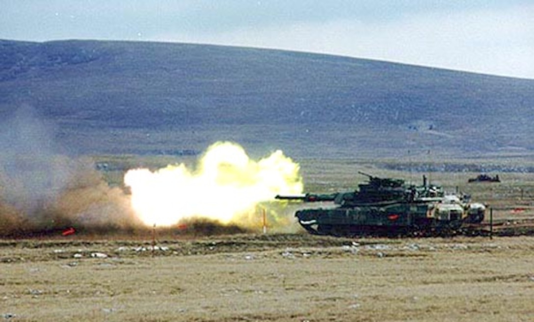 U.S. M-1 Abrams tanks pound targets at Glamoc Range, Bosnia, during 
Dynamic Response, the Strategic Reserve Force's first exercise in 
Bosnia. David Taylor, SFOR