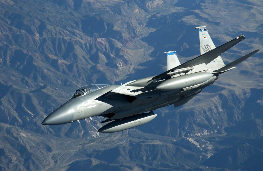 An F-15 Eagle, similar to this one, conducted an air strike on enemy forces in Afghanistan, halting attacks against coalition troops and stopping an enemy rocket attack.  (U.S. Air Force photo/Master Sgt. Kevin J. Gruenwald)


