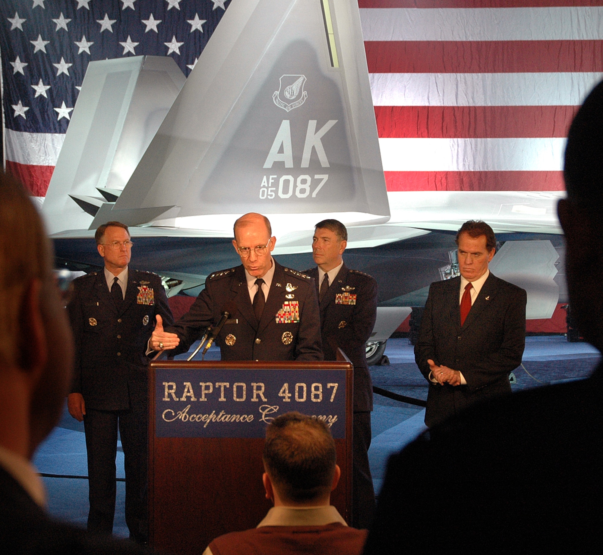 Gen. John D.W. Corley, the vice chief of staff from Headquarters U.S. Air Force, speaks during the acceptance ceremony for Pacific Air Force's first F-22 Raptor Feb. 12 at Marietta, Ga. This F-22 is the first of several that will be assigned to PACAF at Elmendorf Air Force Base, Alaska. The F-22's combination of stealth, supercruise, maneuverability, and integrated avionics, coupled with improved supportability, represents an exponential leap in warfighting capabilities. (U.S. Air Force photo/John Rossino)