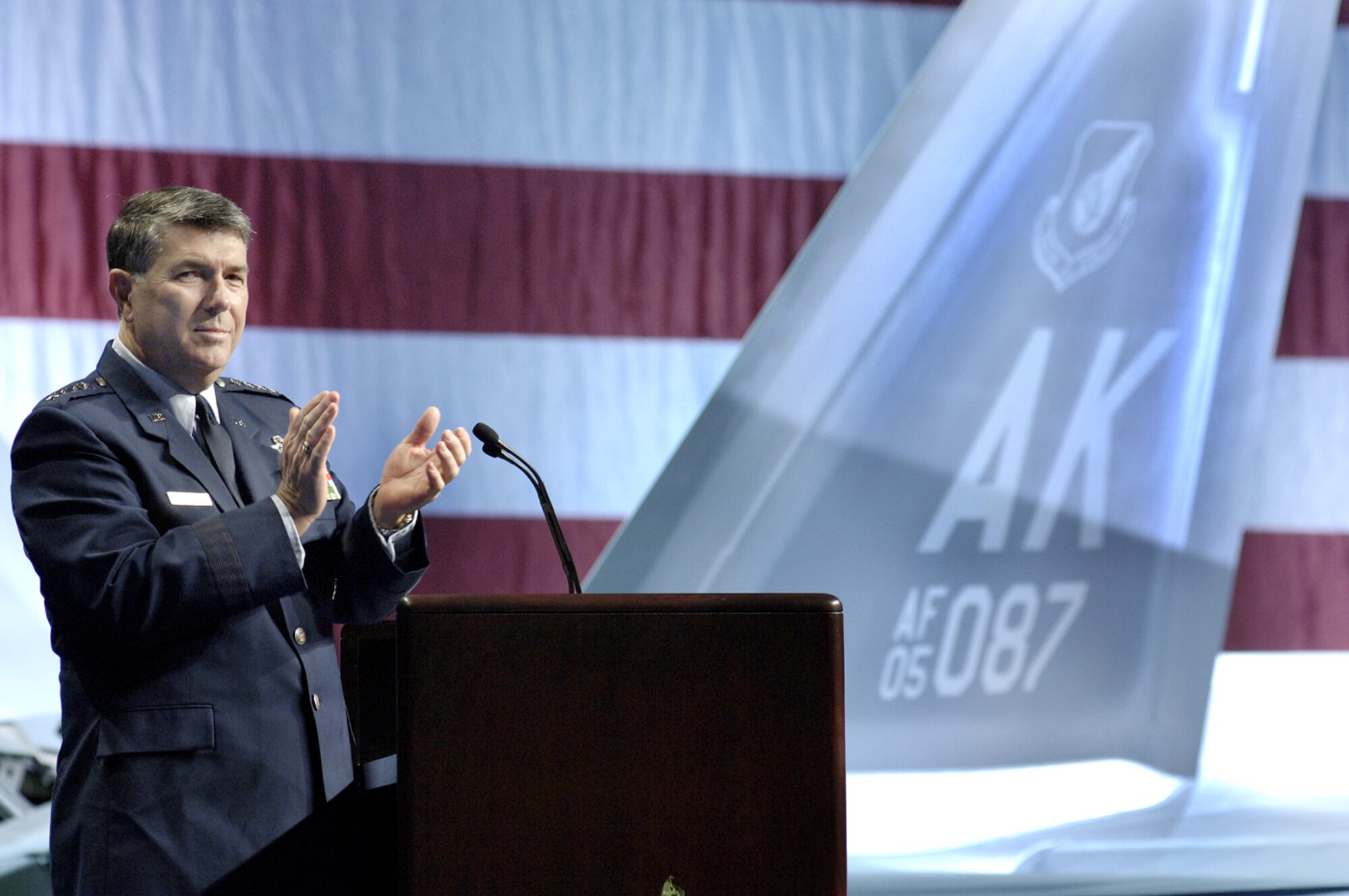 Gen. Paul V. Hester speaks during the acceptance ceremony for Pacific Air Force's first F-22 Raptor Feb 12 at Marietta, Ga. General Hester is the Pacific Air Forces commander. This F-22 is the first of several that will be assigned to PACAF at Elmendorf Air Force Base, Alaska. The F-22's combination of stealth, supercruise, maneuverability, and integrated avionics, coupled with improved supportability, represents an exponential leap in warfighting capabilities. (U.S. Air Force photo/John Rossino) 