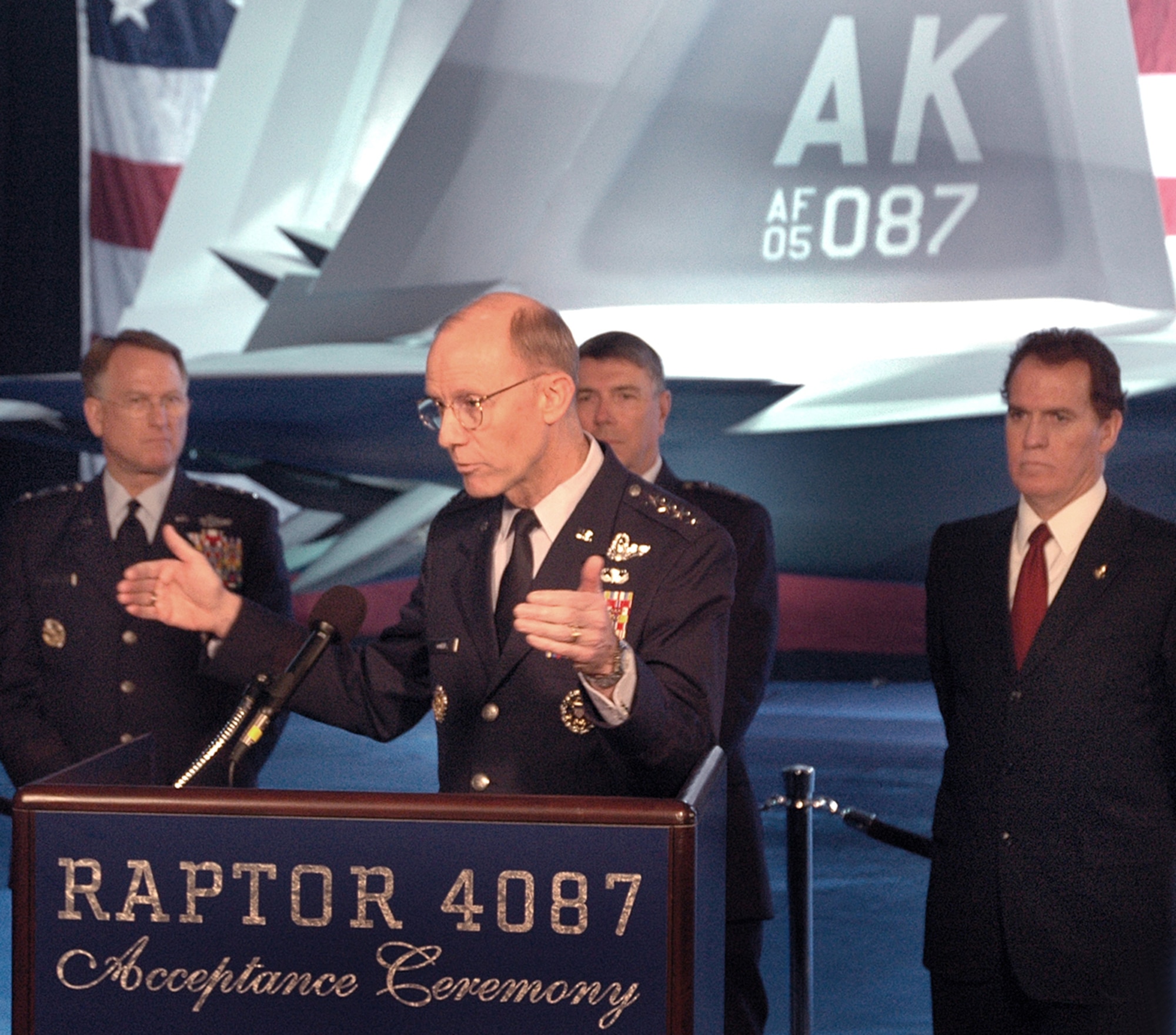 Gen. John D.W. Corley, the vice chief of staff from Headquarters U.S. Air Force, speaks during the acceptance ceremony for Pacific Air Force's first F-22 Raptor Feb. 12 at Marietta, Ga. This F-22 is the first of several that will be assigned to PACAF at Elmendorf Air Force Base, Alaska. The F-22 aerodesign, advanced flight controls, thrust vectoring, and high thrust-to-weight ratio provide the capability to outmaneuver all current and projected aircraft. (U.S. Air Force photo/John Rossino)
