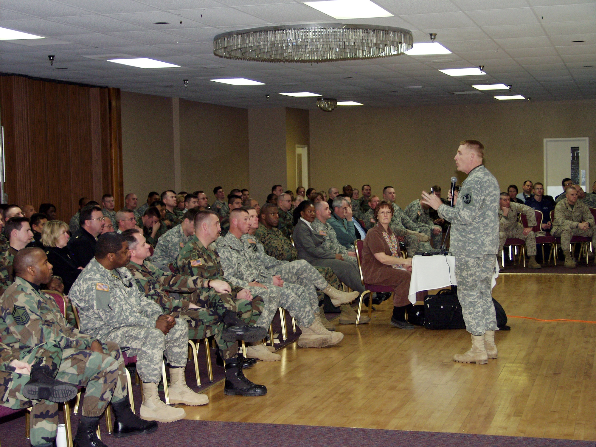 Col. Roger Mathews, deputy commander for Operations of the U.S. Army Space and Missile Defense Command/U.S. Army Forces Strategic Command, took an afternoon to brief about 120 U.S. Northern Command noncommissioned officers. He explained what the Army is doing in the arena of space support to the warfighter and missile defense. (Photo courtesy U. S. Army)