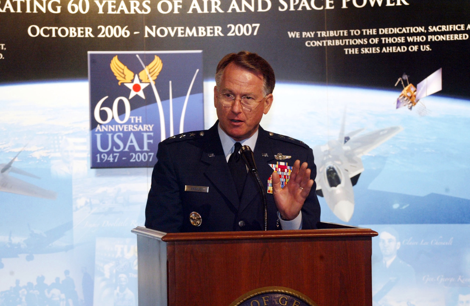Lt. Gen. John A. Bradley speaks to the "Heritage to Horizons" theme kick off ceremony audience Feb. 12 in Atlanta. General Bradley is the chief of Air Force Reserve.The Air Force Reserve Command is the host command for the 60th Air Force Anniversary celebration in Atlanta. (U.S. Air Force photo/Don Peek) 
