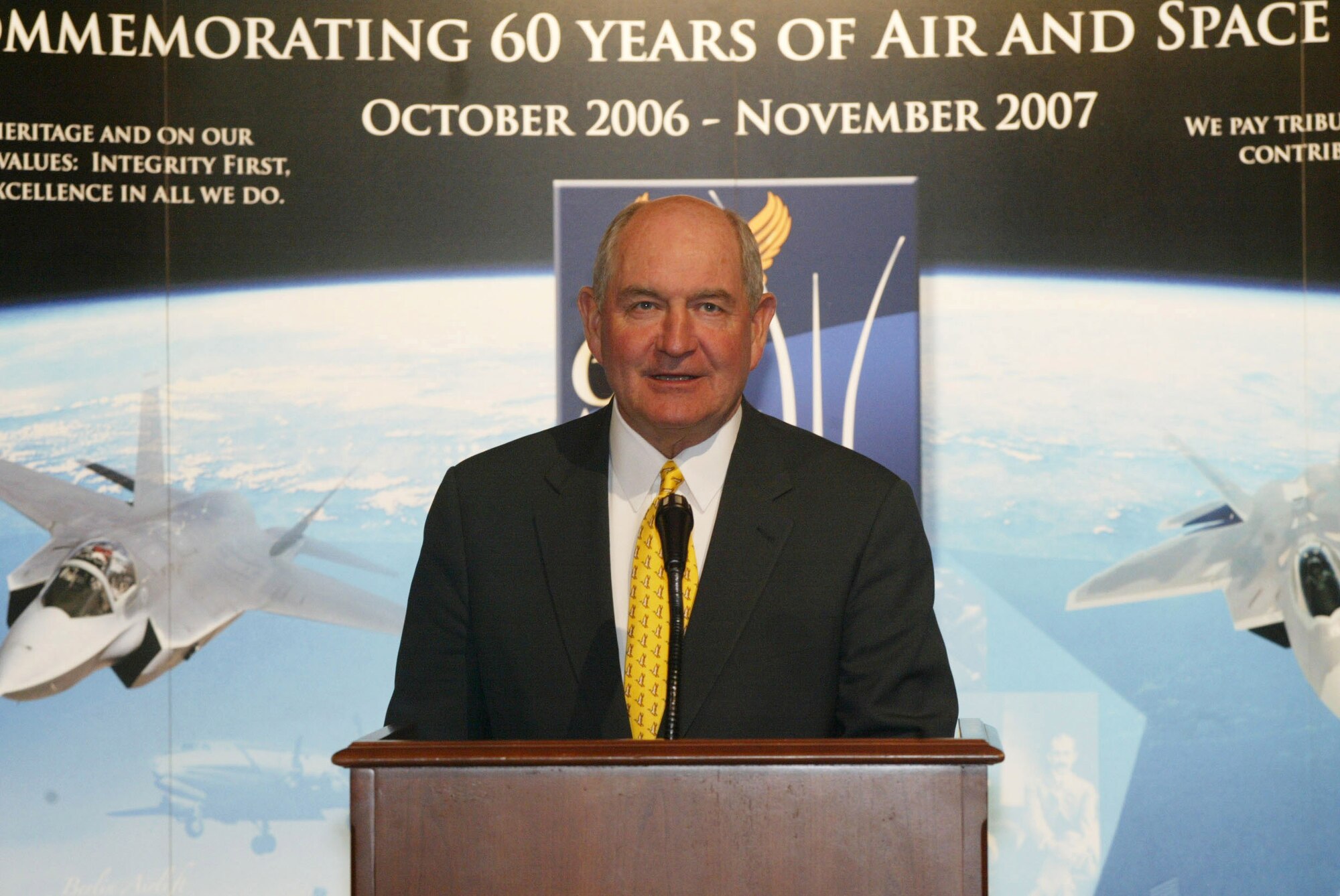 Georgia Gov. Sonny Perdue welcomes the "Heritage to Horizons" Air Force theme celebration to Georgia during the kick off ceremony Feb. 12 at the State Capitol in Atlanta. Atlanta is one of six locations chosen to co-host events throughout the year, recognizing the contributions and service of the Air Force, leading up to and including Air Force Week in Atlanta Oct. 8 to 14. (U.S. Air Force photo/Don Peek)
