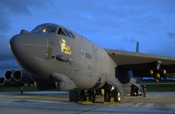 A B-52 Stratofortress deployed to Andersen Air Force Base, Guam, departs Feb. 12 for a training mission over the Pacific Ocean. The bombers deployed from the 2nd Bomb Wing at Barksdale AFB, La., are part of the 36th Operations Group that reactivated this week to provide a continuous bomber presence in the Asia-Pacific region. (U.S. Air Force photo/Senior Master Sgt. Don Perrien)