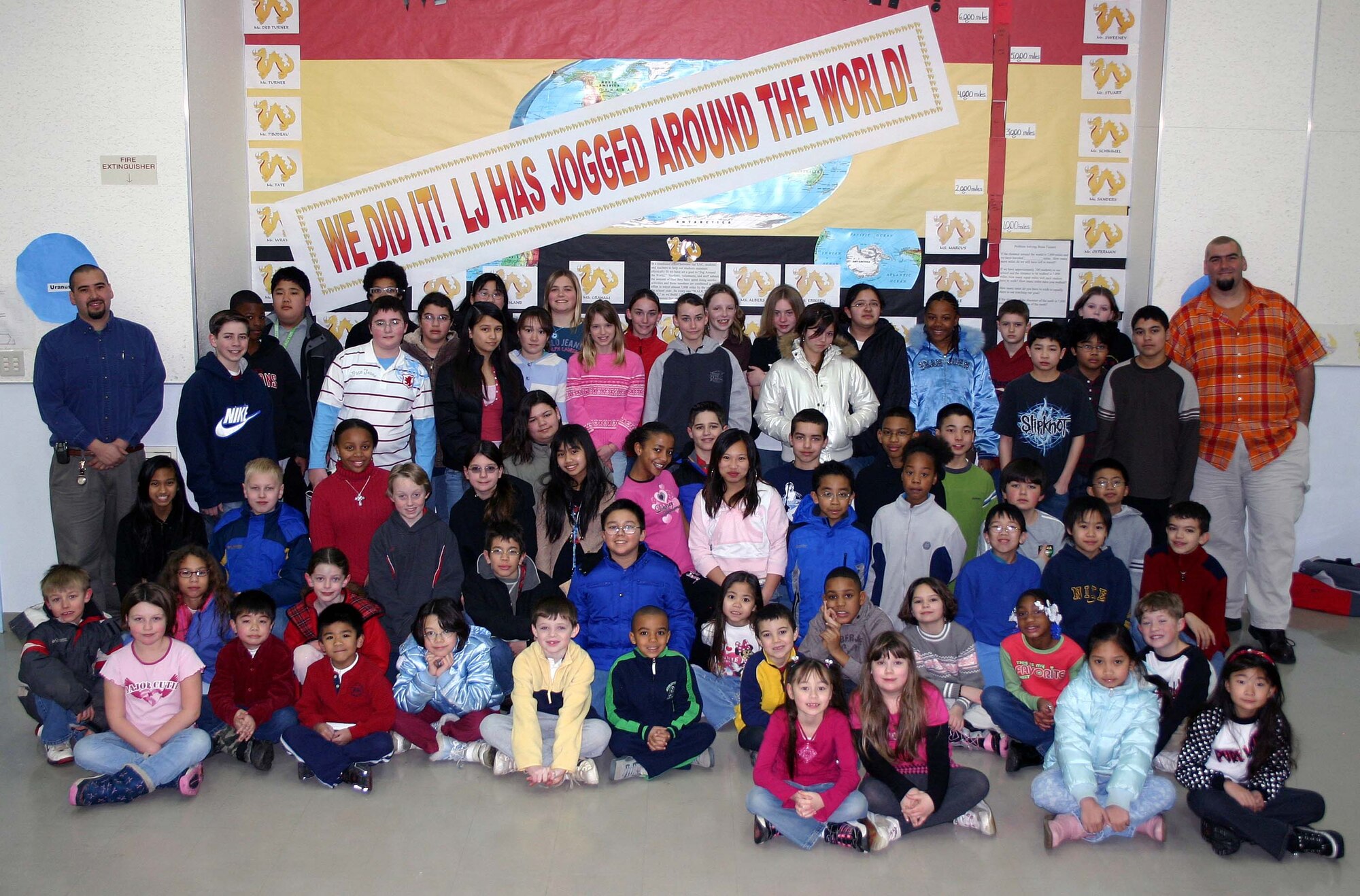 02/09/2007 -- MISAWA AIR BASE, Japan -- In an effort to help keep children physically fit, Sollars Elementary School challenged its students to jog around the world. In the spring of 2006,  several classes took up the challenge and began to record miles toward the goal of 7,890 miles. Progress was tracked on a huge chart in the multi-purpose room. The students tallied the last set of miles and met their goal before semester break. (Courtesy photo)