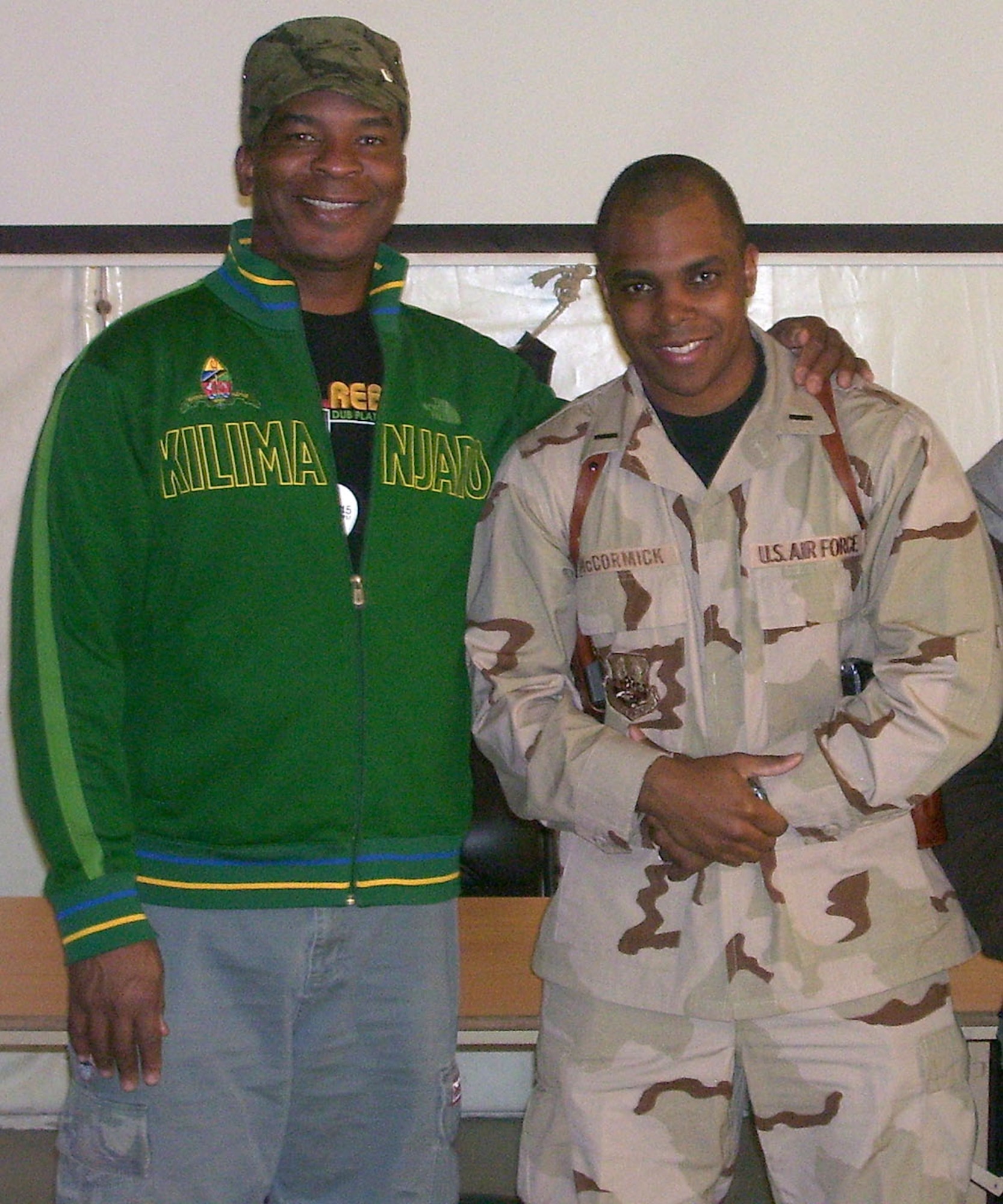 1st Lt. Raheem McCormick greets David Alan Grier Feb. 10.  Grier is a comedian most known for being an actor on "In Living Color," a popular sketch comedy show from the early 90's.  Grier met Lieutenant McCormick in Kuwait, where the lieutenant is currently supporting the Global War on Terror. (U.S. Air Force photo)