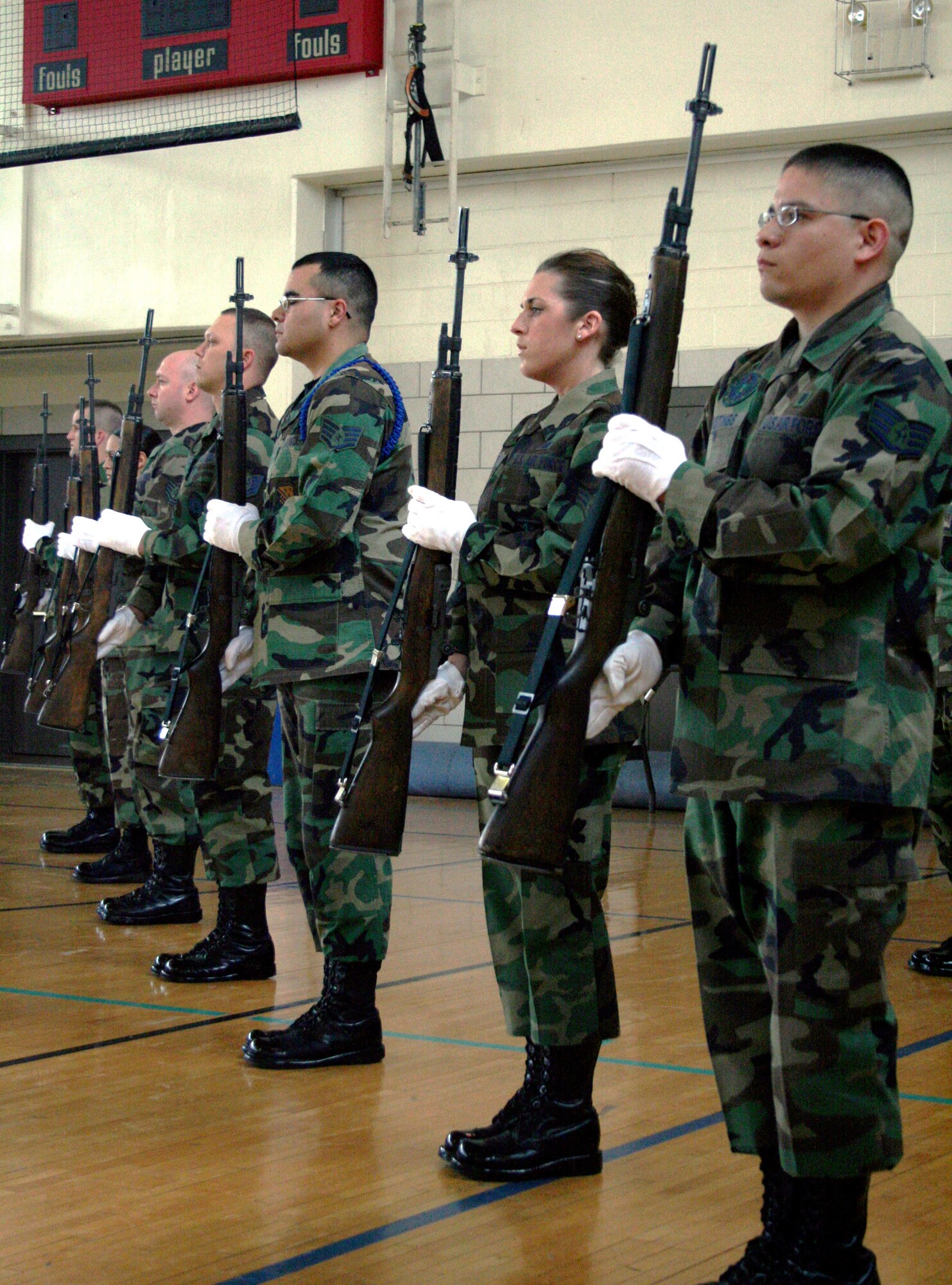 Airmen stand as part of the firing party during the mock funeral held as part of the U.S. Air Force honor guards instruction team's visit Feb. 5 through Feb. 10. The instruction team was at Sheppard to teach local base honor guards how to perform full military honors. (U.S. Air force photo/Adrian McCandless)