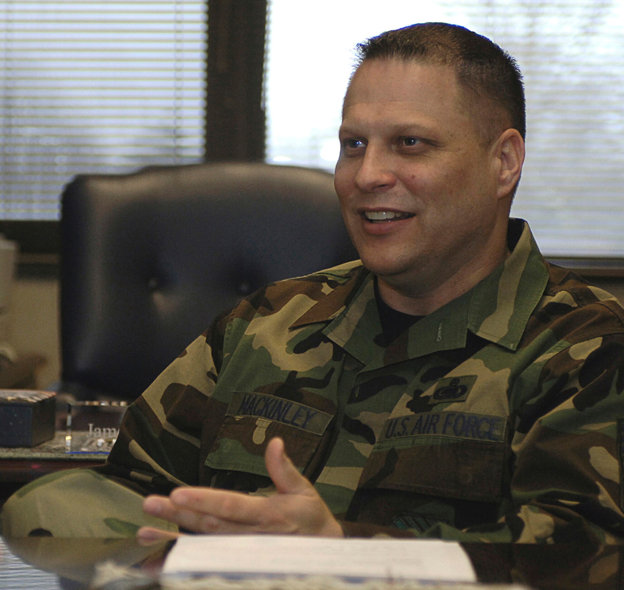 The newest and highest ranking enlisted Airman of the 1st Fighter Wing took command Feb. 12. Chief Master Sgt. James MacKinley, a 25 year veteran, plans to focus on the welfare of Airmen here.
