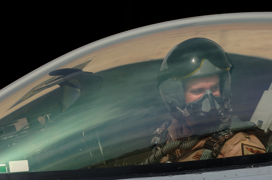 Capt. Patrick Noonan prepares to take off in an F-16 Fighting Falcon on a Operation Iraqi Freedom mission Feb. 13 from Balad Air Base, Iraq. Captain Noonan is deployed to the 510th Expeditionary Fighter Squadron from Aviano Air Base, Italy. These missions involve flying close-air support to support coalition troops, infrastructure protection, reconstruction activities and operations to deter and disrupt terrorist activities. (U. S. Air Force photo/Staff Sgt. Michael R. Holzworth)