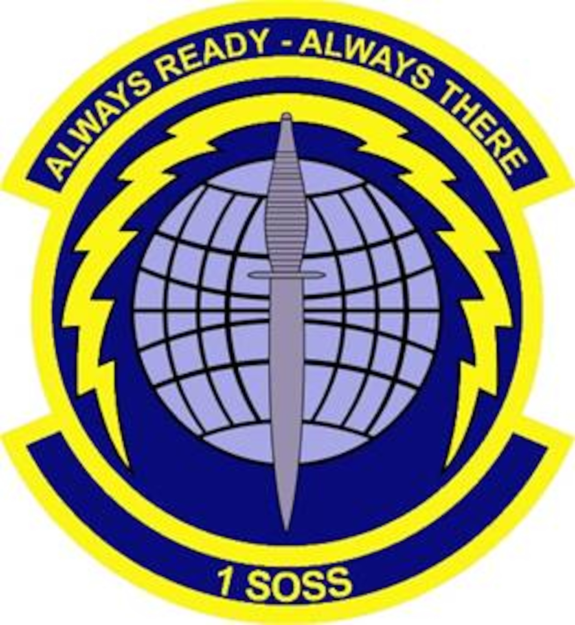 The 1st Special Operations Support Squadron emblem significance: Blue alludes to the sky, the primary theater of Air Force operations. Yellow refers to the sun and the excellence required of Air Force personnel. The sphere in the center of the emblem represents the unit's worldwide commitment to support special operations. The lightning bolt surrounding the sphere alludes to unit's rapid response mission to employ forces anywhere around the world. The lightning bolt also represents the unit's responsibility in pursuit of excellence in providing command and control, planning, communications, intelligence, weather, airfield operations, and medical support in maintenance of AF Special Operations Forces. The dagger reflects the commitment by the unit to uphold the proud heritage of the air commandos.