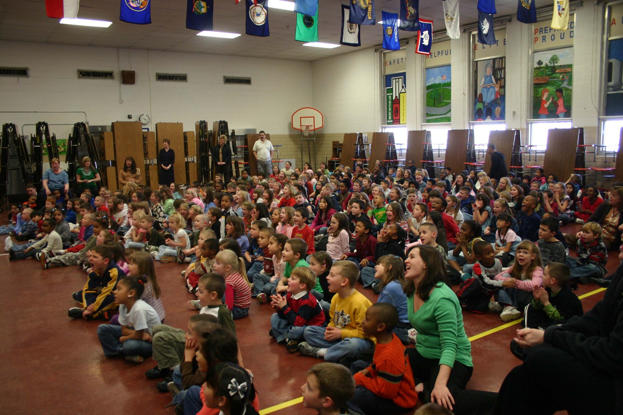 Students at Sheppard Elementary enjoy the mix of contemporary rock and classic R&B from the Air Force Band group Top Flight. (U.S. Air Force Photo/Staff Sgt. Tonnette Thompson)