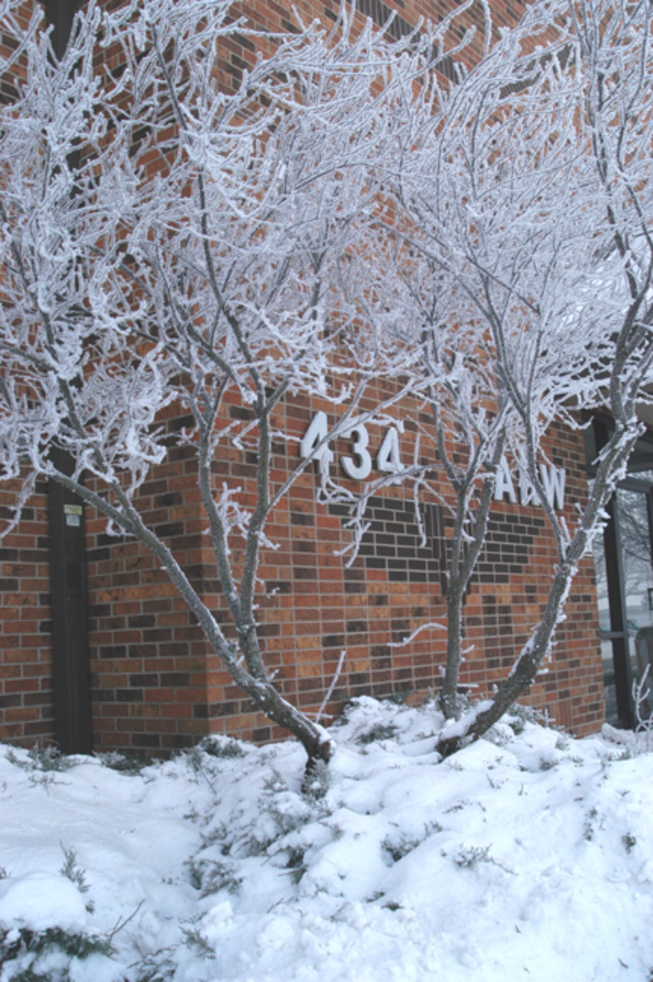 GRISSOM AIR RESERVE BASE, Ind -- Snow and ice blanket trees near the entrance to the 434th Air Refueling Wing headquarters building at Grissom.  A winter blizzard dumped 19 1/4 inches on the base during a 48-hour period.  (U.S. Air Force photo) 