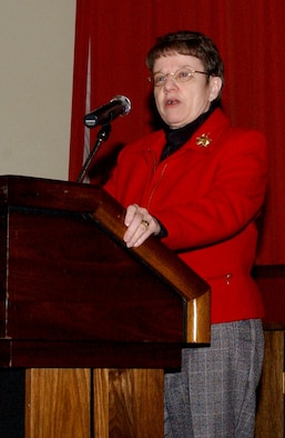 Lorraine Potter, a retired major general who holds the distinction of being the Air Force’s first female chaplain, speaks at the National Prayer Luncheon Feb. 12 at the Galaxy Club on RAF Mildenhall.