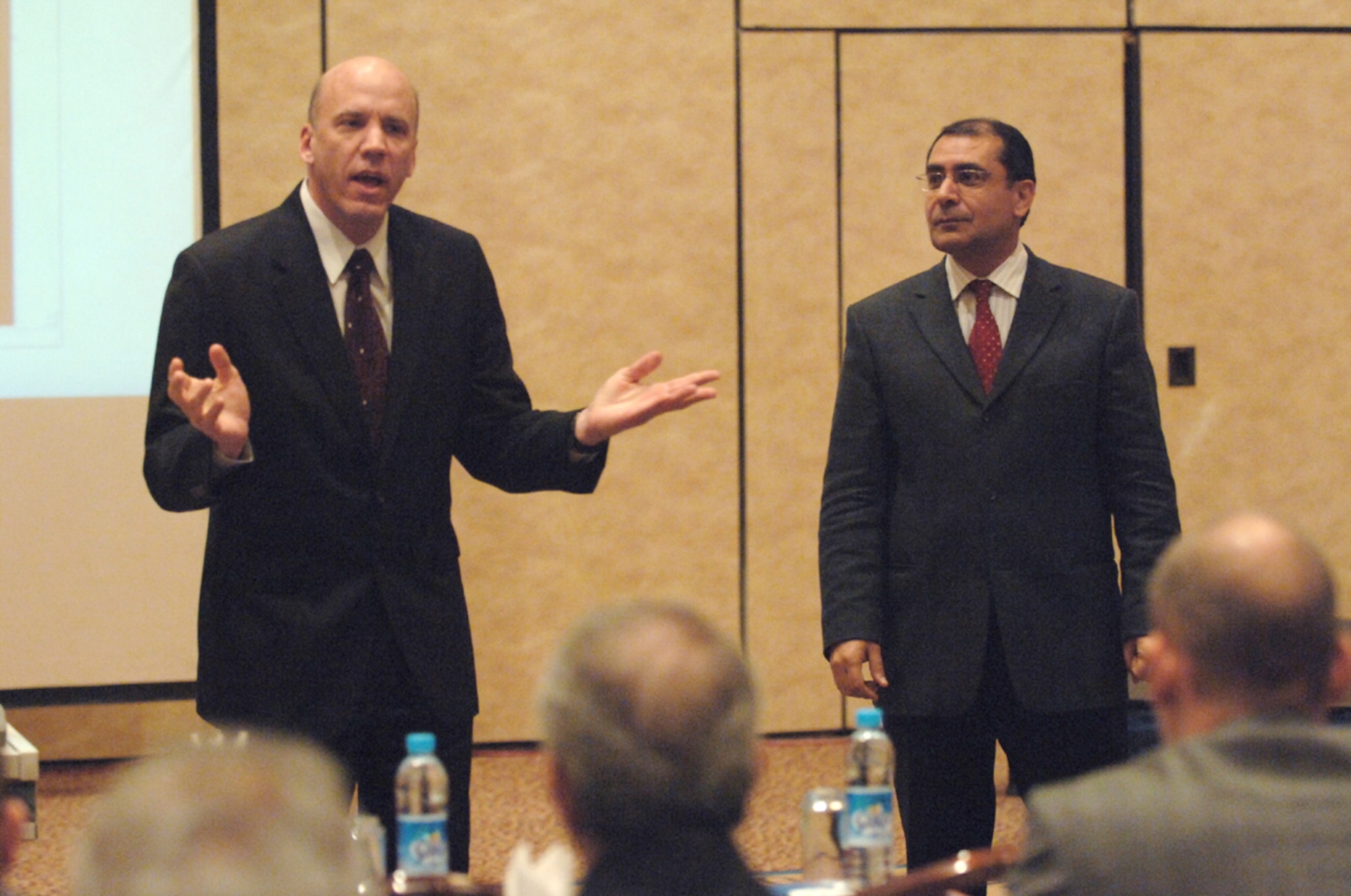 Col. Jeffrey Hansen, 39th Mission Support Group commander, addresses Turkish venders during Vender Day at the Adana, Turkey Hilton Feb 13.  Vender Day was set up by the contracting squadron to inform Turkish venders how to obtain a contract with Incirlik Air Base.  (U. S. Air Force photo by Airman First Class Nathan W. Lipscomb)