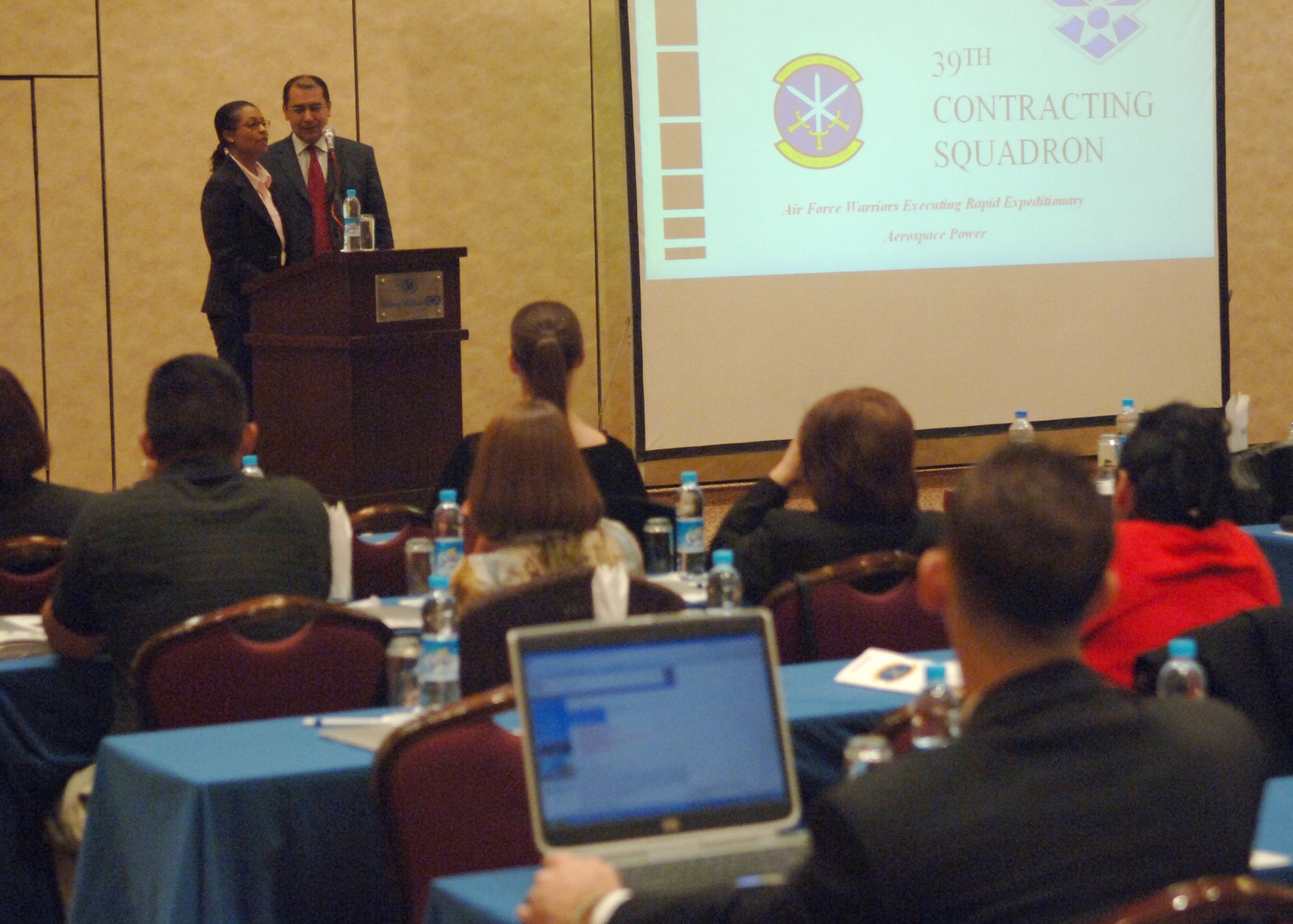 Maj. LaVonne Shingler, 39th Contracting Squadron commander, addresses Turkish venders during Vender Day at the Adana, Turkey Hilton Feb 13.  Vender Day was set up by the contracting squadron to inform Turkish venders how to obtain a contract with Incirlik Air Base.  (U. S. Air Force photo by Airman First Class Nathan W. Lipscomb)