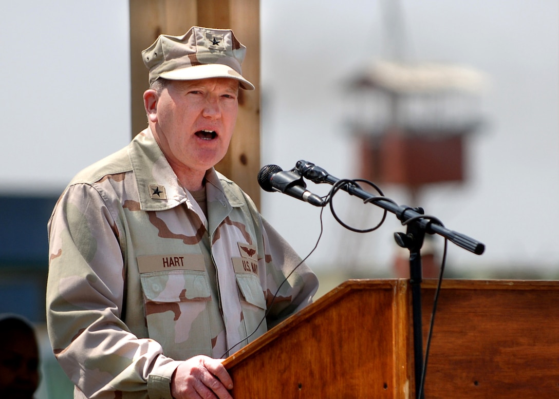 U.S. Navy Rear Adm. James Hart speaks of how much he looks forward to his tour as commander, Combined Joint Task Force - Horn of Africa, during the change of command ceremony, at Camp Lemonier, Djibouti, Feb. 14, 2007. 