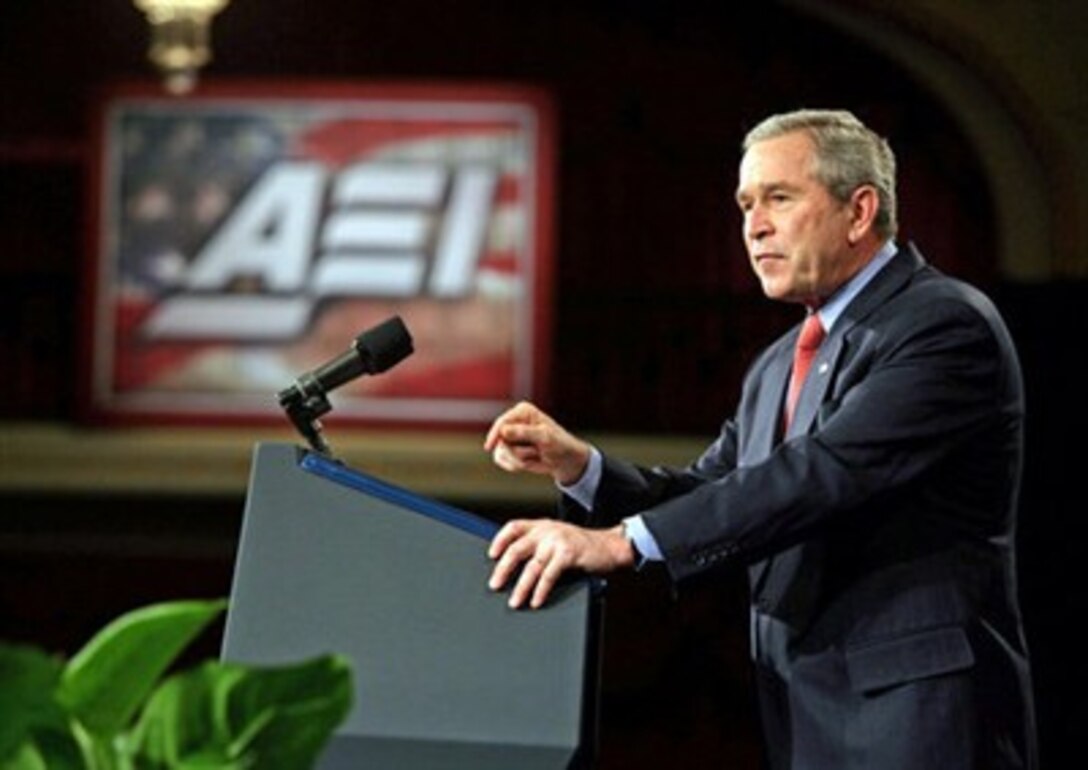 President George W. Bush discusses America's commitment in Iraq during a meeting with the American Enterprise Institute in Washington, D.C., Feb. 15, 2007.