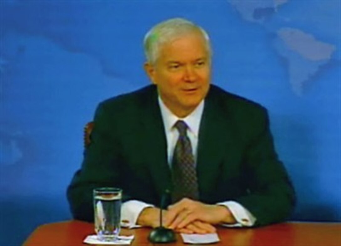 Secretary of Defense Robert Gates answers questions during a press briefing Thursday, Feb. 15, 2007.