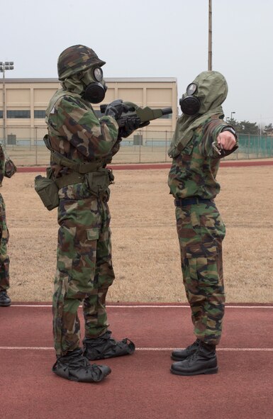 KUNSAN AIR BASE, Republic of Korea Feb. 13, 2007 -- A Republic of Korea servicemember scans mock contaiminated personnel with a chemical agent during a joint decontamination exercise conducted near the base's track. The exercise was conducted between U.S. and Republic of Korea servicemember to practice, evaluate and improve decontamination procedures in a chemical enviroment. (Air Force photo by Senior Airman Barry Loo)