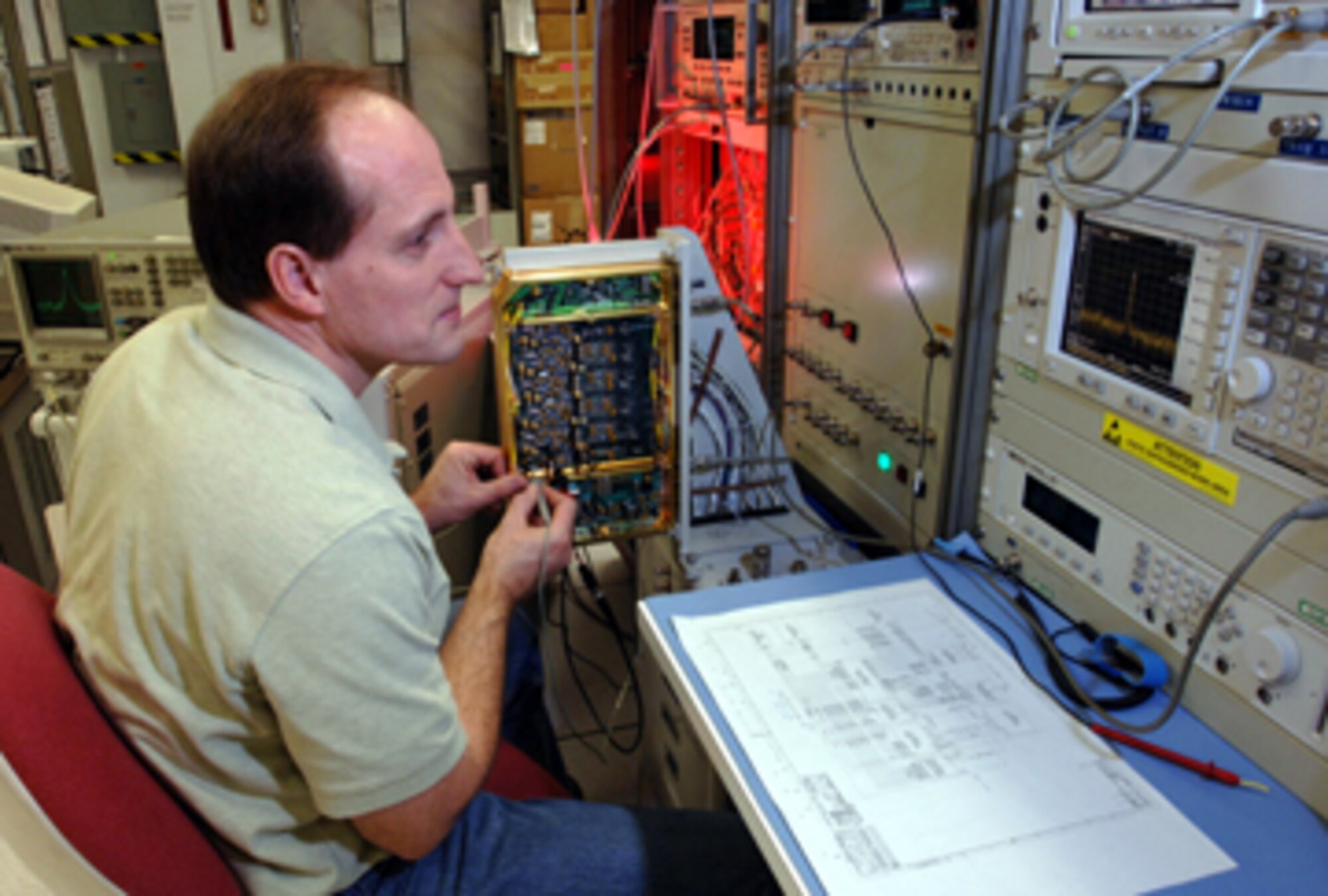 David James, an engineer with the 516th Software Maintenance Squadron at Hill Air Force Base, Utah, performs diagnostic testing on the microwave depot test station. (Photo by Efrain Gonzalez)