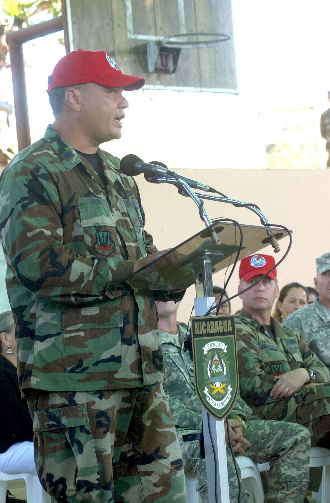 Lt. Col. Aaron Young, commander of the 820th Expeditionary Red Horse Squadron, thanks the people of Nicaragua for their hospitality during the opening ceremony for New Horizons in Santa Teresa, Nicaragua, Feb. 15. The squadron, along with members from other branches of service, will build a new school and medical clinic for the people here. (U.S. Air Force photo/Tech. Sgt. Sonny Cohrs) 