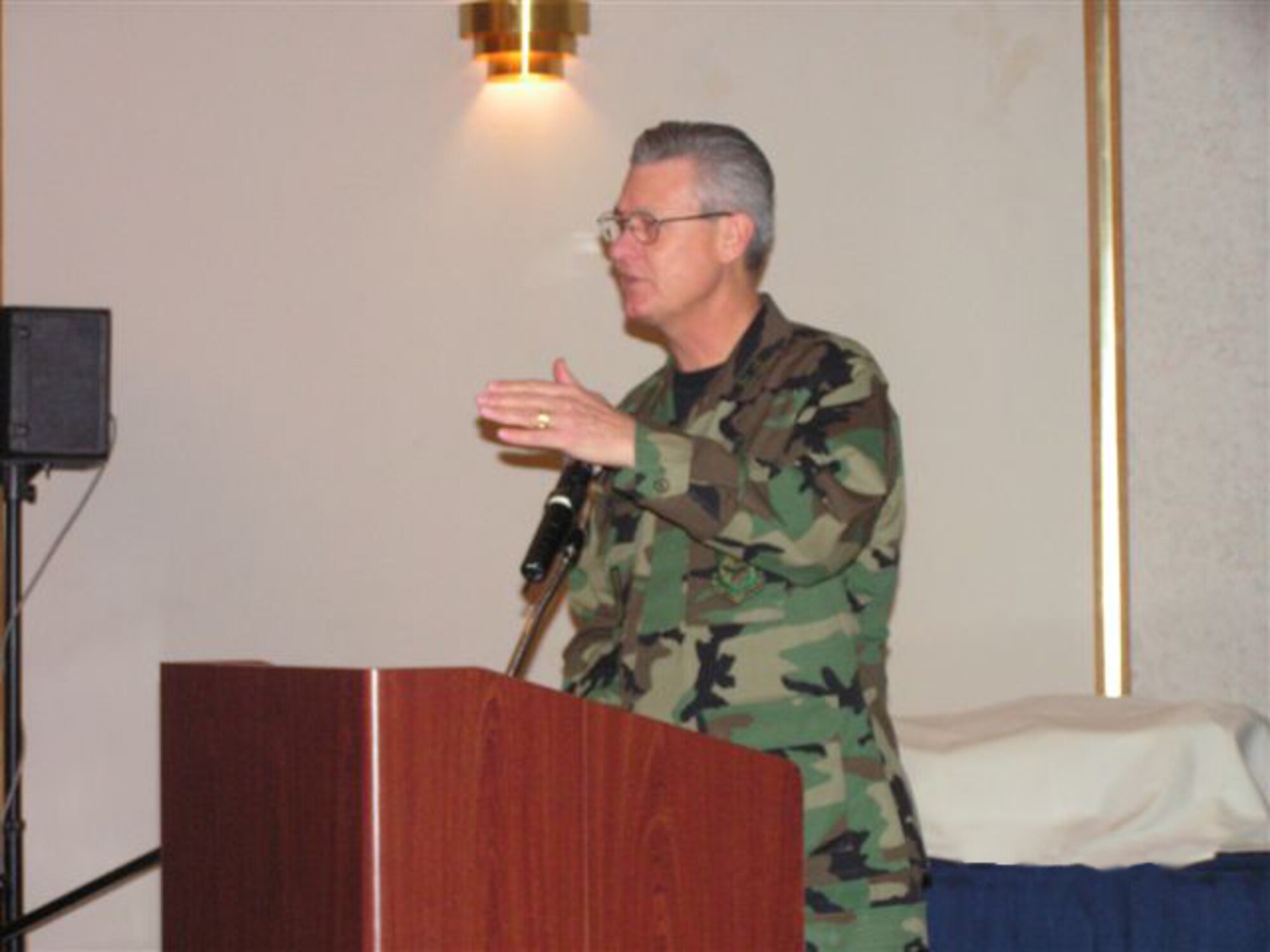 Chaplain (Col.) Brian Van Sickle, command chaplain for Air Mobility Command, speaks at the National Prayer Breakfast at the Chapel here Monday. Chaplain Van Sickle’s topic of choice was “Audacity of Hope” and readings from a Rabbi, the Quran and the New Testament of the Bible were heard. Col. Rick Martin, 305th Air Mobility Wing commander, along with about 250 others were in attendance at the breakfast. On behalf of Chaplain Van Sickle, the Chapel staff donated food to the Trenton Food Kitchen for the Homeless. Each year since 1952, the President of the United States has hosted the National Prayer Breakfast in Washington, D.C. For many years, the Armed Forces have enjoyed the privilege of joining in similar observances at military installations around the world.