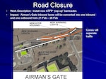 Beginning Feb. 21, drivers using the Airman's Gate will see a temporary shift in traffic patterns once on base while workers install denial barriers in the outbound lanes. Drivers entering the base must remain in the far right lane because the left inbound lane will be converted to an outbound lane. Drivers will be able to exit the gate on the traditional side of the gate. Work is scheduled to be completed by Feb. 28. Cones will be in place to separate the inbound and outbound traffic. Similar road closures are scheduled for the Air Intelligence Agency Gate Feb. 26 through March 4 and the Bergquist Gate from March 5-11. Although the barriers are typically installed within three to four days, the remaining days are required for the concrete to cure. (Courtesy of the 37th Civil Engineer Squadron)