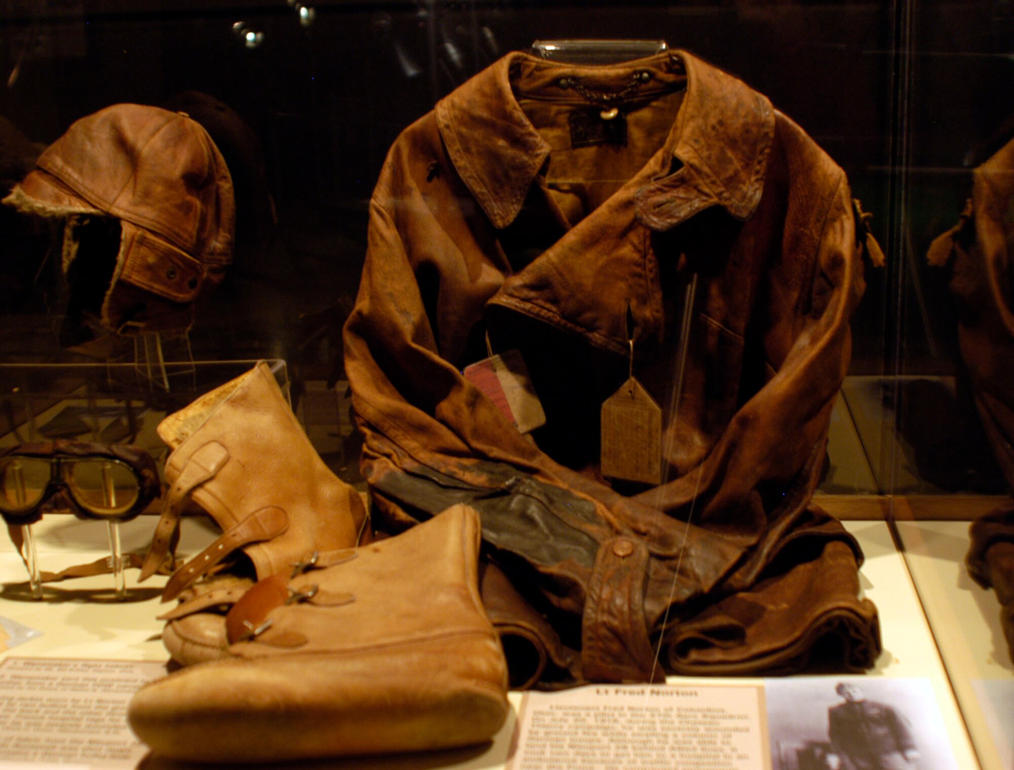 DAYTON, Ohio - Lt. Fred Norton's flying jacket on display in the Early Years Gallery at the National Museum of the U.S. Air Force. (U.S. Air Force photo)