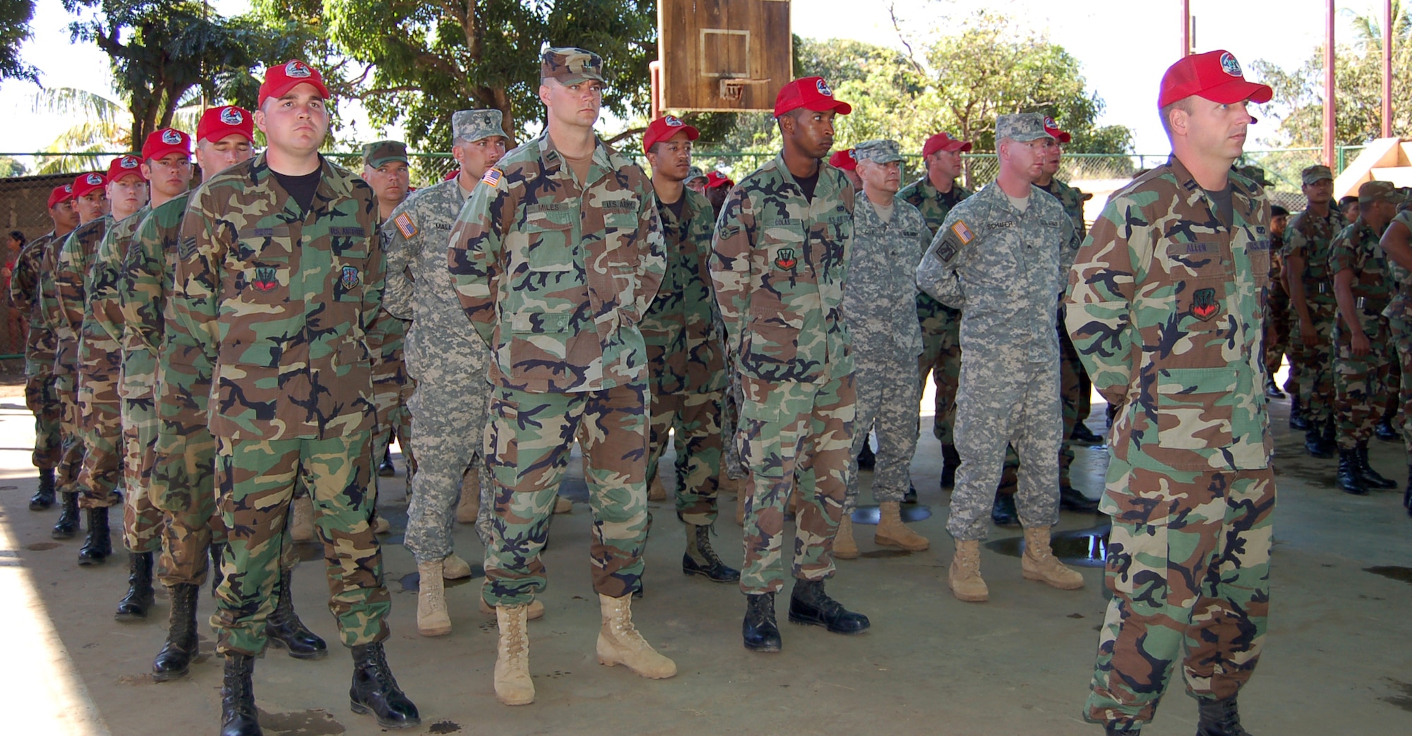 Members attached to the 820th Expeditionary Red Horse Squadron, Nellis Air Force Base, Nev., represent all U.S. military units that are part of New Horizons - Nicaragua 2007 during its opening ceremonies Feb. 15. The ceremonies officially started the joint humanitarian mission that involves building a new school and a new medical clinic in the Santa Teresa area. The mission also includes offering free medical clinics and veterinary care. (U.S. Air Force photo/Senior Airman Jacque Lickteig)