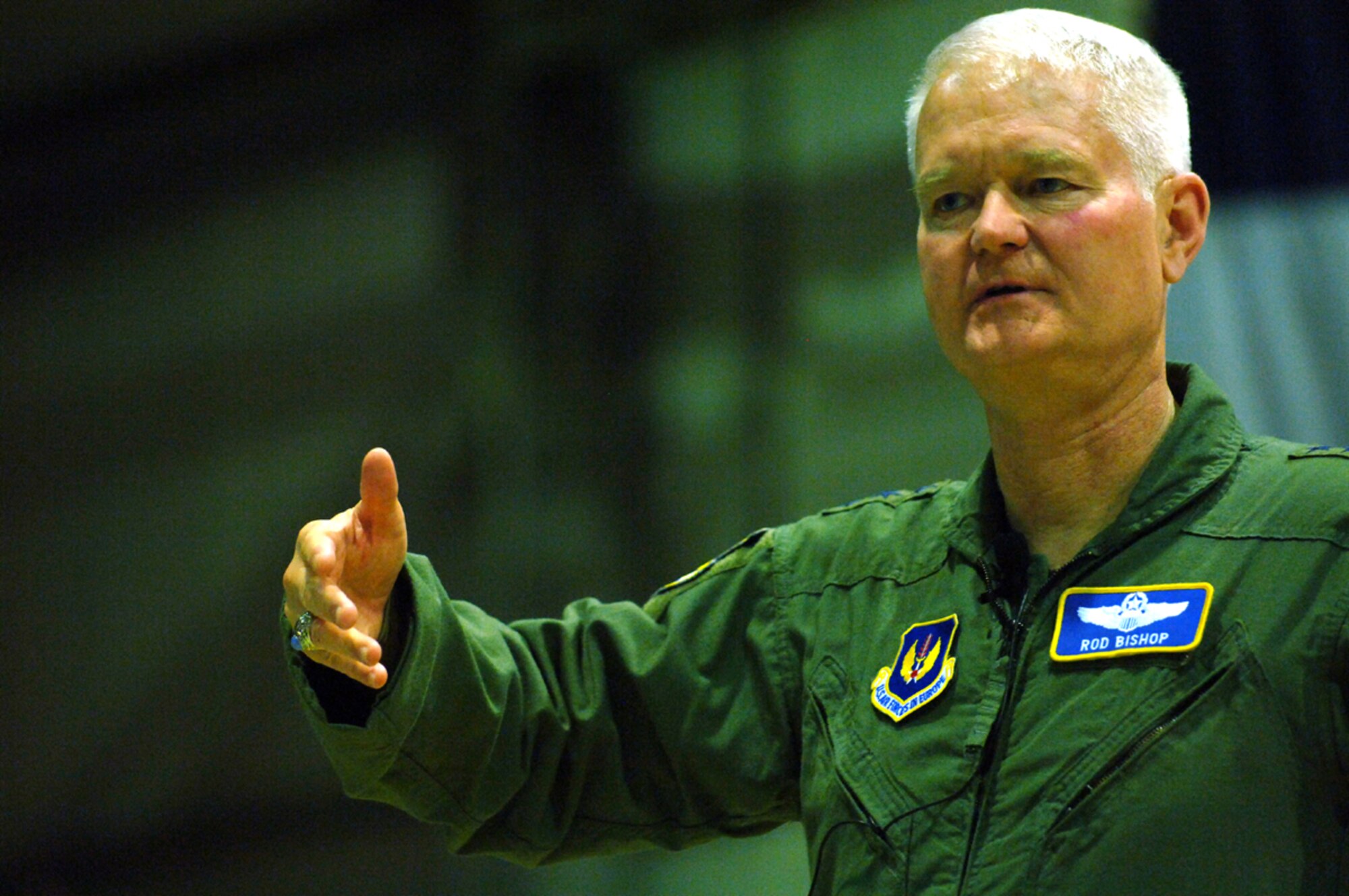 Lt. Gen. Robert Bishop, 3rd Air Force commander, answers questions from Team Incirlik members during an Airmen’s all call Feb. 13. The event was one of many stops by General Bishop and Chief Master Sgt. Thomas Westermeyer, 3rd Air Force acting command chief. (U.S. Air Force photo by Airman 1st Class Nathan Lipscomb)