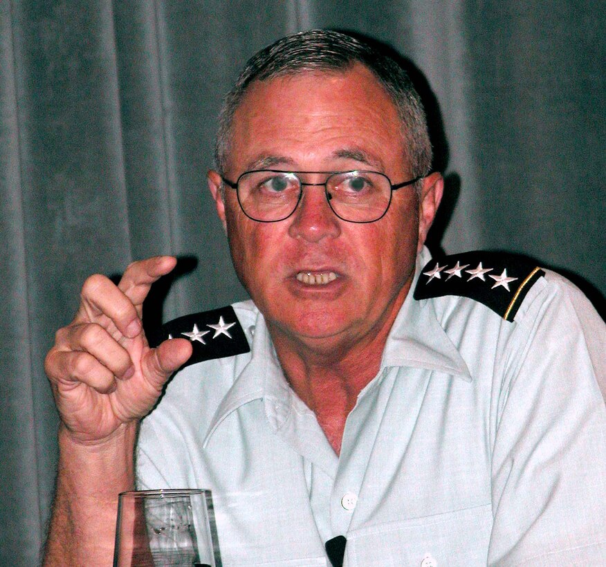 Army Gen. James "Tom" Hill, commander of U.S. Southern Command,  makes a point at this summer's Military Child Education Coalition conference in  Groton, Conn. The general said the issues of families and children in schools  have always been an integral part of military readiness. Photo by Rudi Williams