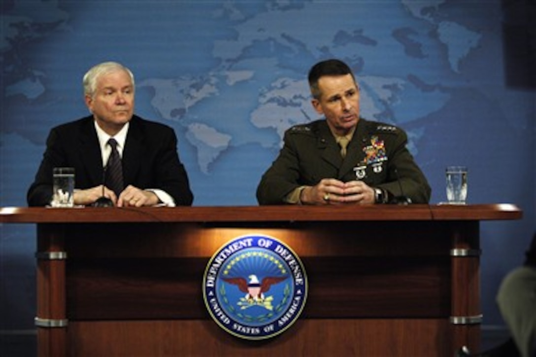 Chairman of the Joint Chiefs of Staff Gen. Peter Pace, U.S. Marine Corps, responds to a reporter's question during a media roundtable with Secretary of Defense Robert Gates in the Pentagon on Feb. 15, 2007.  