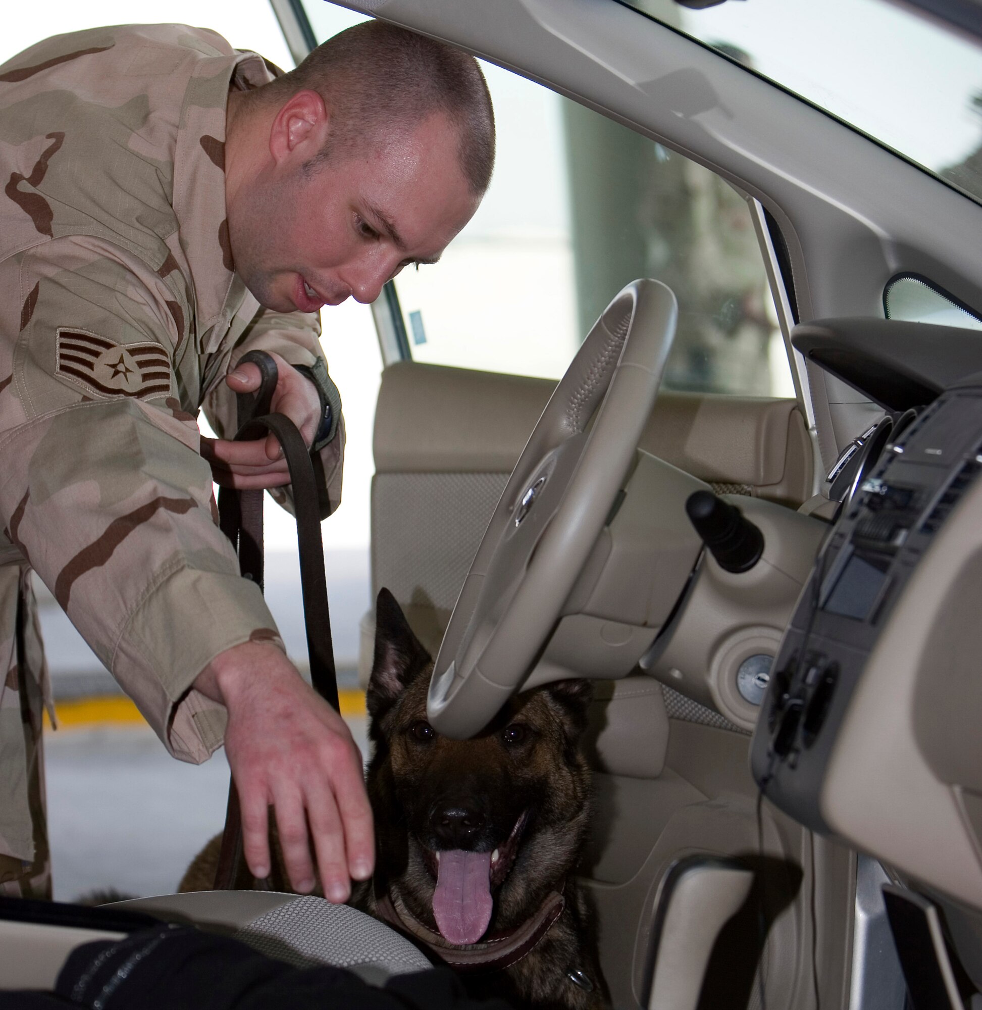 Staff Sgt. Spencer Duclos, 379th ESFS military working dog handler and element leader, conducts vehicle searches with his dog, Boo, at the vehicle search pit. (Photo by Tech. Sgt. Frank Hatcher)