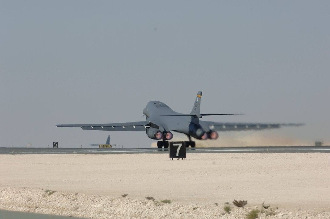 A 34th Expeditionary Bomb Squadron B-1B Lancer departs on a mission Feb. 15. The squadron is involved in a show of presence in Iraq as part of an intensified effort to complement Baghdad security plan operations. (U.S. Air Force photo/Staff Sgt. David Miller)