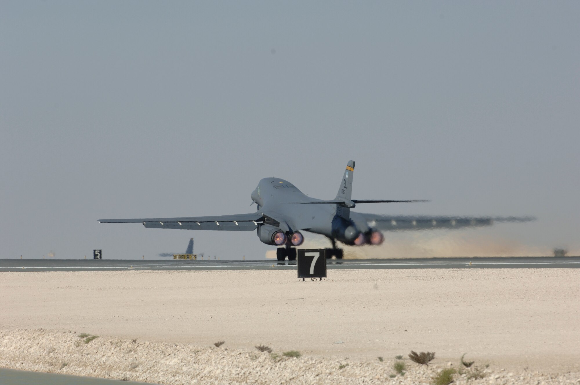 A 34th Expeditionary Bomb Squadron B-1B Lancer departs on a mission Feb. 15. The squadron is involved in a show of presence in Iraq as part of an intensified effort to complement Baghdad security plan operations. (U.S. Air Force photo/Staff Sgt. David Miller)