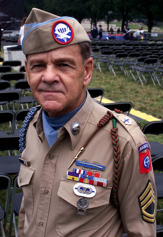 Korean War hero, former Army Sgt. 1st Class  Bob Barfield, 69, proudly wears his more than 50-year-old  uniform decked out with ribbons of valor  the Silver Star  Medal for gallantry in action and the Bronze Star Medal  with V for valor. He also wore a Purple Heart, Combat  Infantryman Badge, parachutist badge, expert rifleman badge  and a several combat ribbons. Barfield, of Groveland, Fla.,  was in Washington for the DoD recognition of the 50th  anniversary of the Korean War cease-fire July 27. Photo by  Rudi Williams.