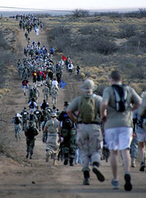 The 18th Annual Bataan Memorial Death March will take place at White Sands Missile Range on March 25. On April 9, 1942, tens of thousands of American and Filipino Soldiers were surrendered to Japanese forces.  They were marched for days in the scorching heat through the Philippine jungles. Thousands died, survivors faced years of hardship or death in prisoner-of-war camps and still others were wounded or killed when unmarked enemy ships transporting prisoners of war to Japan were sunk by U.S. air and naval forces.By walking miles and miles through the desert, each participant pays tribute to the soldiers who suffered one of the most infamous episodes of World War II. The Bataan Memorial March offers a 26.2-mile course and a 15.2-mile course.  Both courses take participants through sandy trails and washes as well as over paved roads. The longer course, which has been called one of the toughest marathons in the United States, includes an elevation increase from 4,100 to 5,300 feet.  There are both team and individual categories and numerous age divisions.  Additionally, participants may choose to go ?heavy,? which means carrying a 35-pound rucksack the duration of course.  Awards are given to the first and second place finishers in each division.The cost to register is $50 for individuals and $200 for a team. Mail in registration postmark deadline is no later than March 11. Online registration closes at midnight MST on March 18. There are additional fees for late registration. For more information or to request a mail-in registration form, call 505-678-1256 or go to the Web site at www.bataanmarch.com. (Courtesy photo)