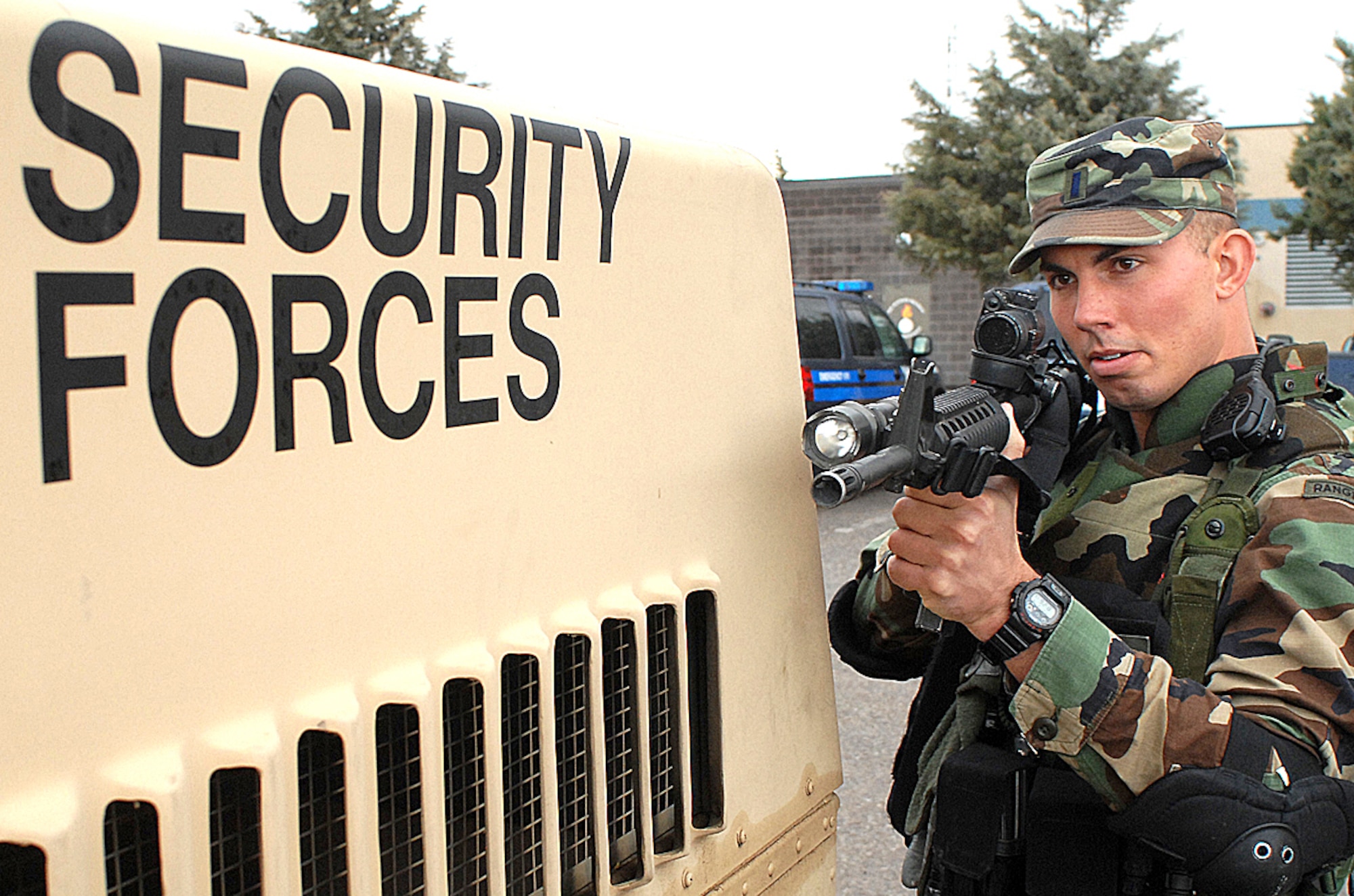 1st Lt. James Hewett, 377th Security Forces Squadron, takes part in an exercise here. Lieutenant Hewett graduated U.S. Army Ranger School Jan. 26. (U.S. Air Force photo by Todd Berenger)