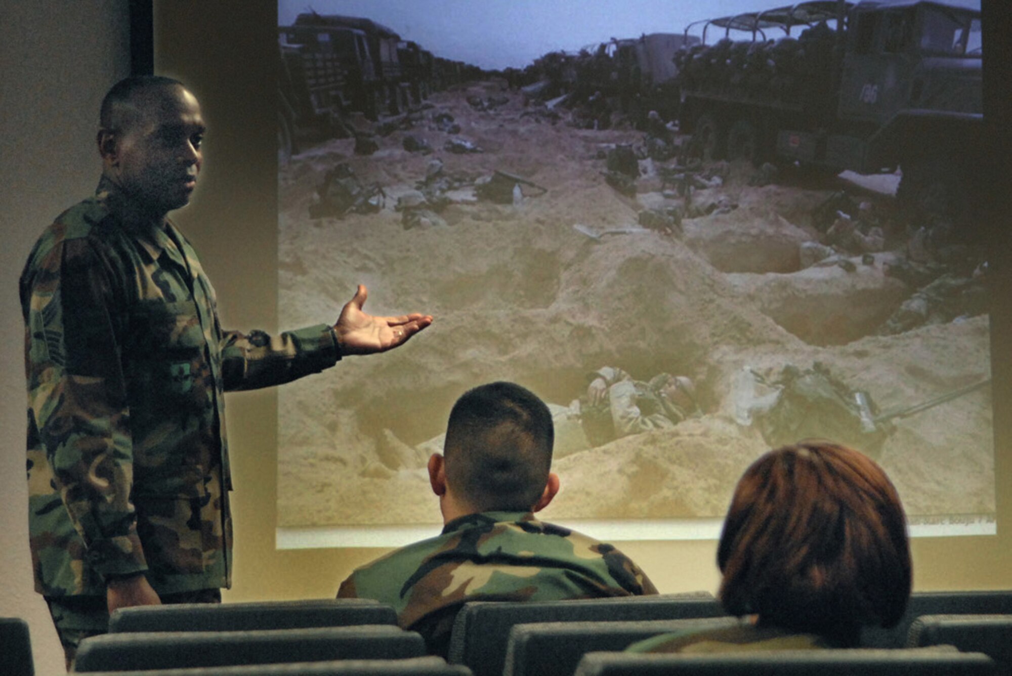 Chief Master Sgt. Jimmy Kelly, 2nd Air Force command chief, speaks to Airman Leadership School and First Term Airmen Center students Feb. 16 as part of his vist to Sheppard prior to the annual awards banquet. (U.S. Air Force photo/Harry Tonemah)