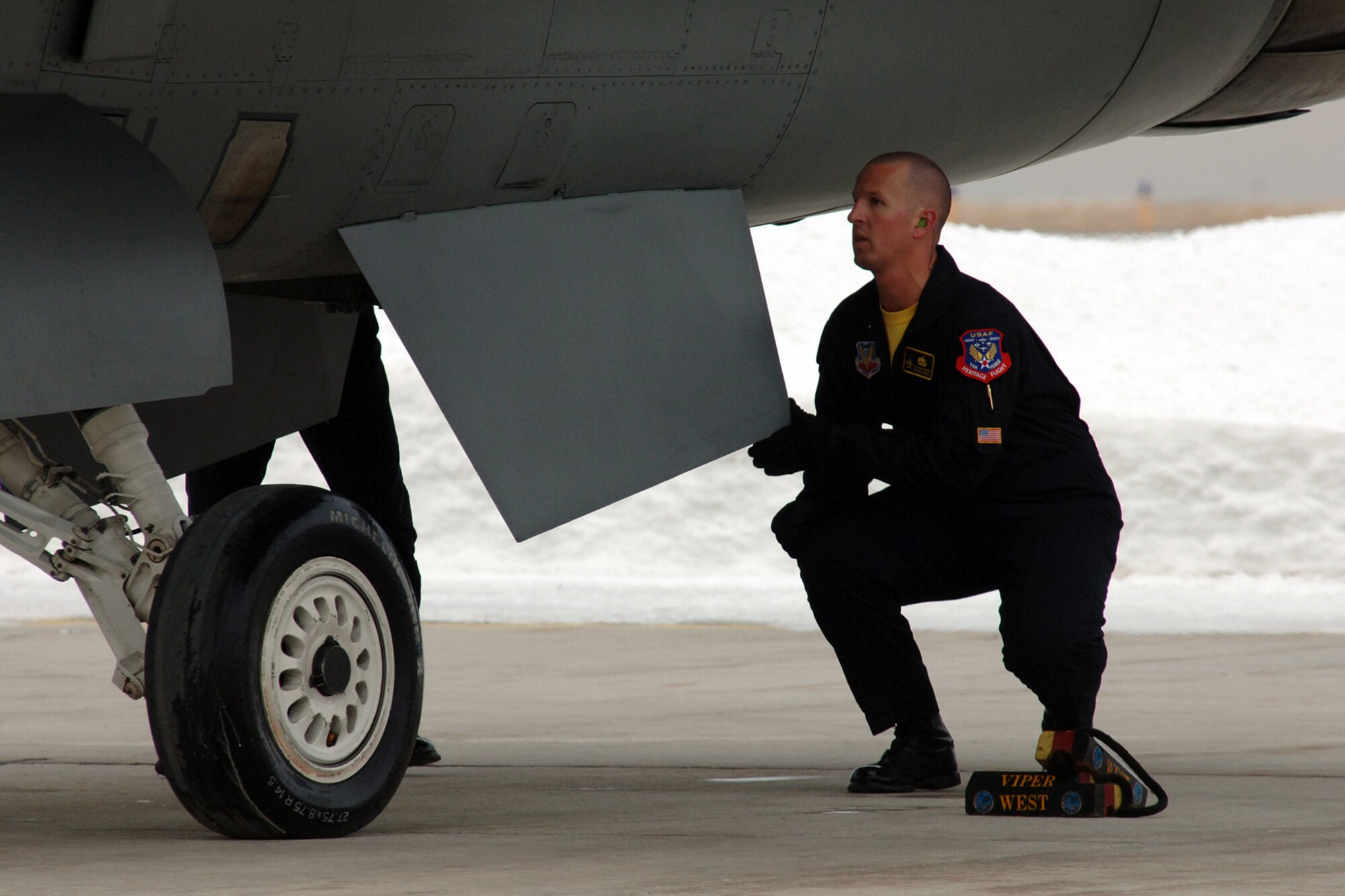 Viper West Airmen perform an F-16 combat capability demonstration for General Ronald E. Keys, Commander of Air Combat Command, during a certification here in January.  The team is one of two, single-ship F-16 demonstration teams in ACC and performed in its first international airshow of the season Feb. 17-18 in Lima, Peru. (Photo by Alex Lloyd)   


