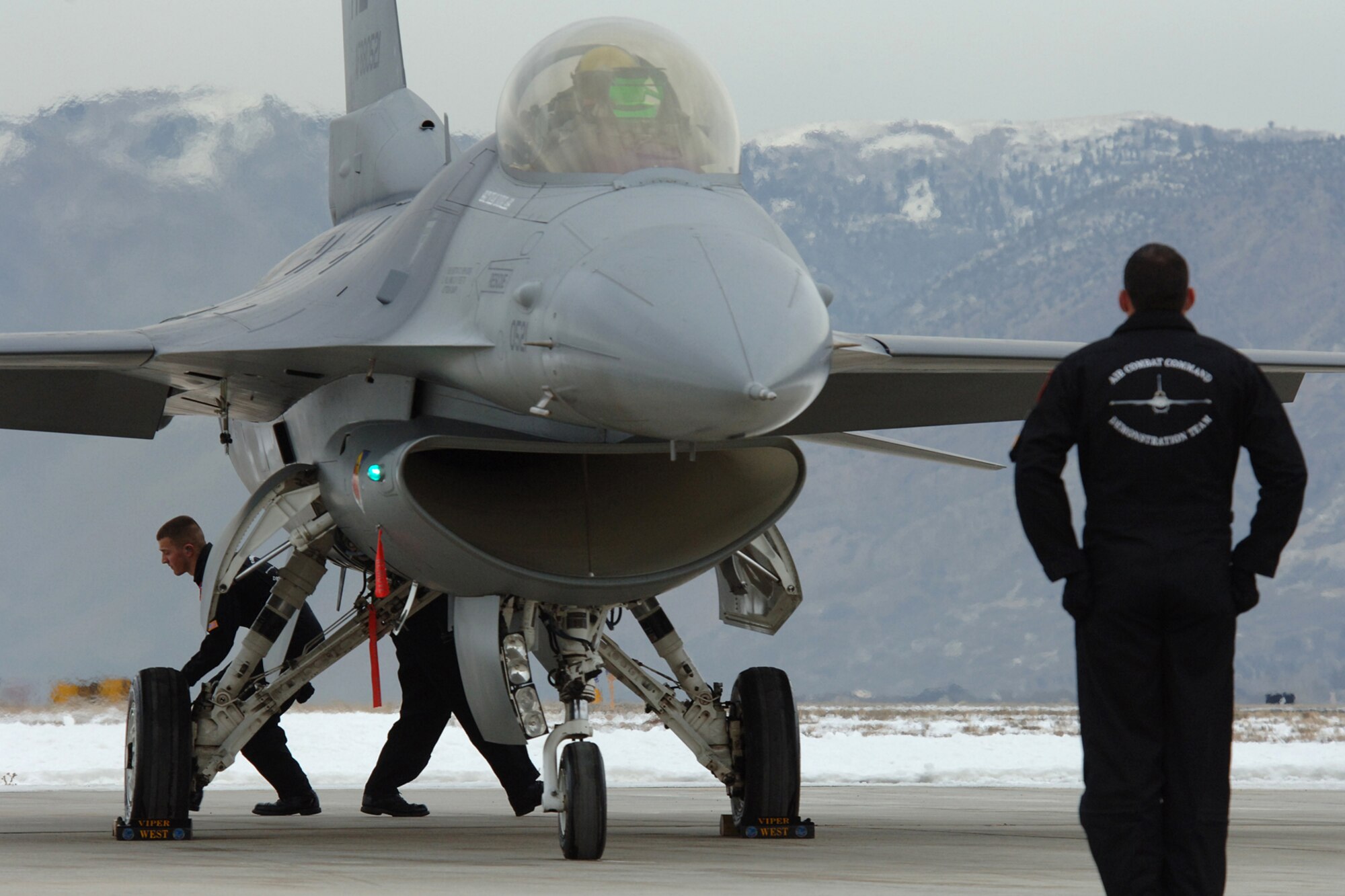 Viper West Airmen perform an F-16 combat capability demonstration for General Ronald E. Keys, Commander of Air Combat Command, during a certification here in January. The team is one of two, single-ship F-16 demonstration teams in ACC and performed in its first international airshow of the season Feb. 17-18 in Lima, Peru. (Photo by Alex Lloyd)
