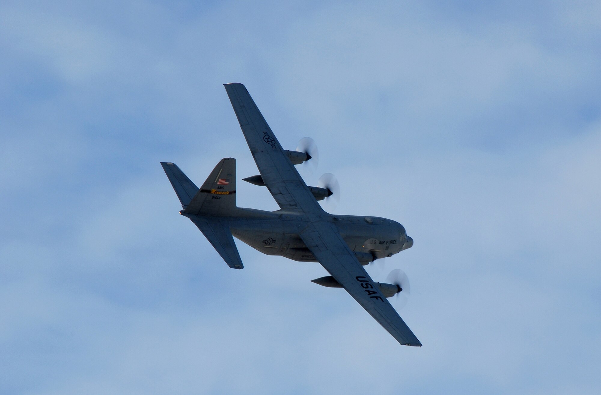 A 133rd Airlift Wing Minnesota Air National Guard C-130 Hercules flies over the Minneapolis St. Paul International Airport Feb. 17 after returning from deployment to Afghanistan supporting of Operation Enduring Freedom. (U.S. Air Force photo/Tech. Sgt. Erik Gudmundson)
