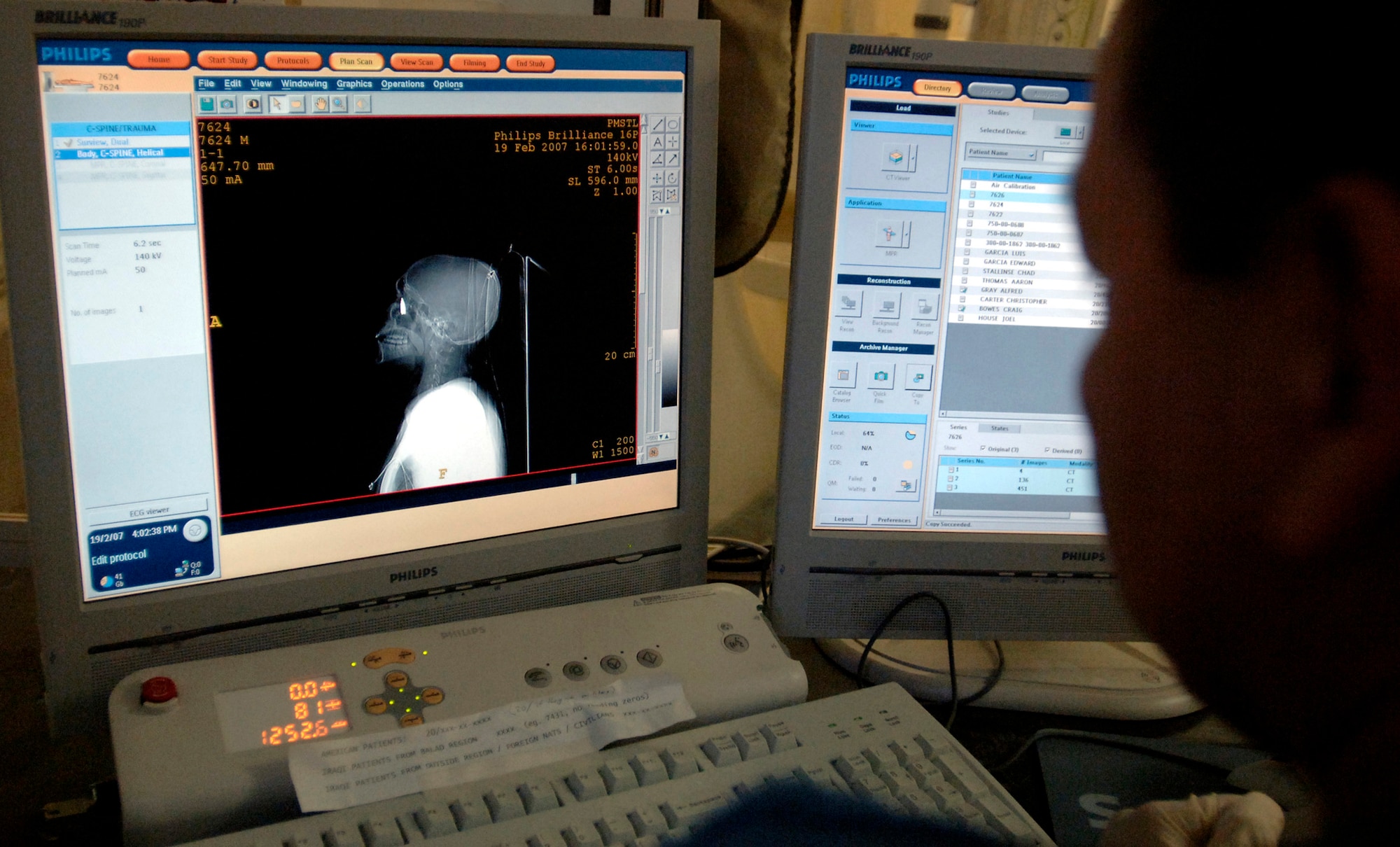 Staff Sgt. Orlando Martinez scans a patient on a CT scan machine at the Air Force Theater Hospital Feb. 19 at Balad Air Base, Iraq. The radiology staff has two new 16 slice CT scanners that expedite the process from 90 minutes to about 10 minutes. Sergeant Martinez is a diagnostic imaging specialist assigned to the 332nd Expeditionary Medical Group. (U.S. Air Force photo/Tech. Sgt. Cecilio M. Ricardo Jr.)
